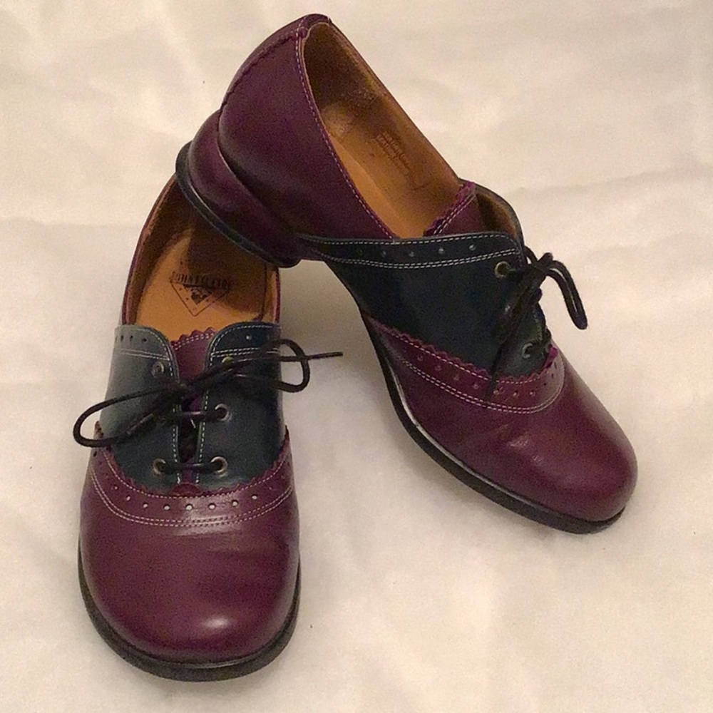 John Fluevog Erika burgundy green saddle shoes 7
